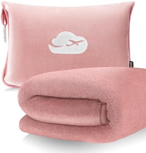 SOAGREVI Travel Blanket Pillow with Pockets, Airplane Blanket Set, Plane Blanket Compact Packable, Flight Essentials Car Pillow - Travel Essentials Gift for Women and Men on Airplanes - Pink - Image 2