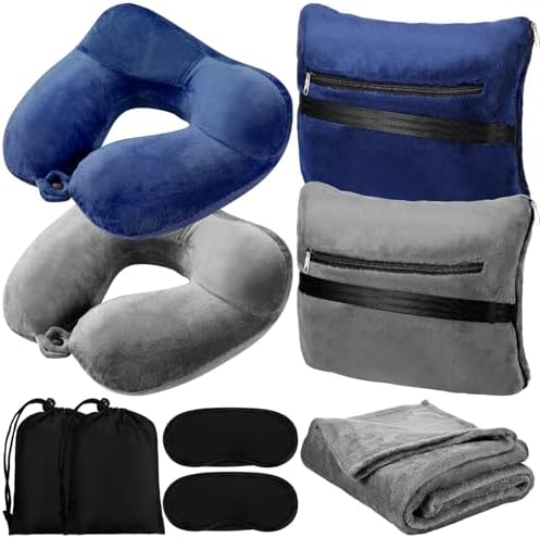 Newwiee 2 Travel Blanket and Pillow Set 70" x 40" Compact Soft Airplane Blanket with Built in Bag Inflatable Neck Pillow for Home Bed Airplane Car Office Camp Travel, Dark Blue and Dark Gray - Image 2