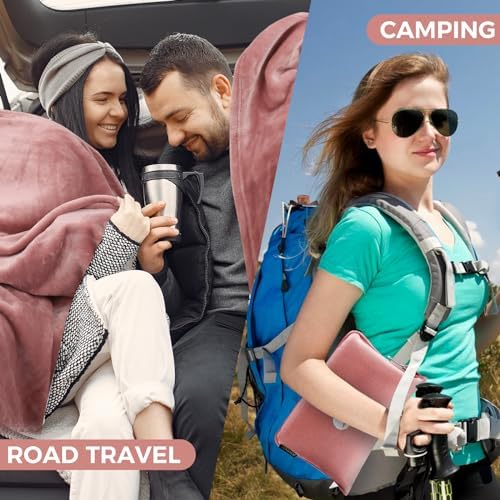 SOAGREVI Travel Blanket Pillow with Pockets, Airplane Blanket Set, Plane Blanket Compact Packable, Flight Essentials Car Pillow - Travel Essentials Gift for Women and Men on Airplanes - Pink - Image 8