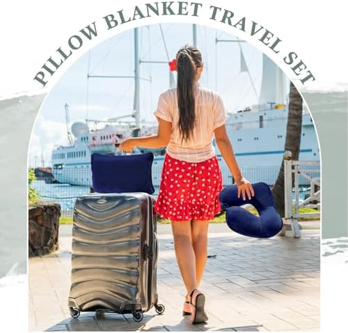 Newwiee 2 Travel Blanket and Pillow Set 70" x 40" Compact Soft Airplane Blanket with Built in Bag Inflatable Neck Pillow for Home Bed Airplane Car Office Camp Travel, Dark Blue and Dark Gray - Image 6