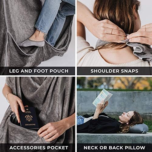 Zero Grid Premium Lightweight Wearable Super Soft Travel Blanket with Neck Snaps, Cozy Footpockets and Zipper Pouch, Compact Airplane with Luggage Strap Travel Blanket and Pillow Set - Image 5
