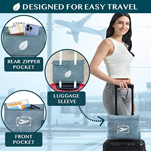 PAVILIA Travel Blanket Pillow in Soft Bag with Pockets, Airplane Blanket Set, Plane Blanket Compact Packable, Flight Essentials Car Pillow, Travelers Accessories Gifts, Luggage Strap, Dusty Light Blue - Image 4