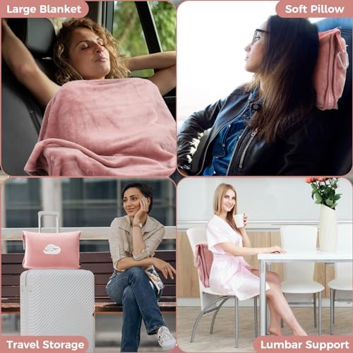 SOAGREVI Travel Blanket Pillow with Pockets, Airplane Blanket Set, Plane Blanket Compact Packable, Flight Essentials Car Pillow - Travel Essentials Gift for Women and Men on Airplanes - Pink - Image 5