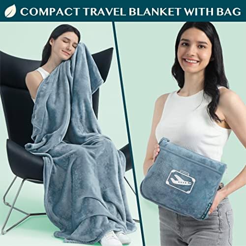 PAVILIA Travel Blanket Pillow in Soft Bag with Pockets, Airplane Blanket Set, Plane Blanket Compact Packable, Flight Essentials Car Pillow, Travelers Accessories Gifts, Luggage Strap, Dusty Light Blue - Image 3