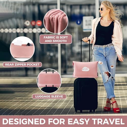 SOAGREVI Travel Blanket Pillow with Pockets, Airplane Blanket Set, Plane Blanket Compact Packable, Flight Essentials Car Pillow - Travel Essentials Gift for Women and Men on Airplanes - Pink - Image 4