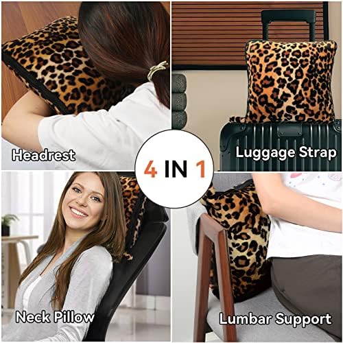 MACEVIA Travel Blanket Pillow Soft and Warm Blanket for Airplane Travel Essential Comfort Durability 2 in 1 Combo Throw Blanket for Train Car with Luggage Backpack Strap - Leopard Print - Image 7