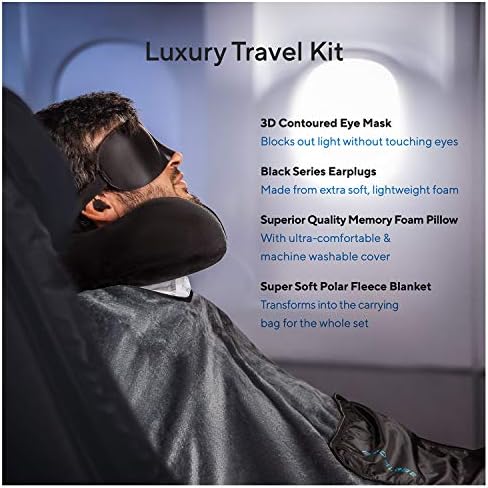 Proglobe Travel Blanket Luxury Travel Set - Ergonomic Airplane Neck Pillow 100% Pure Memory Foam and Super Soft Fleece Blanket - Premium 3D Sleep Mask & Earplugs - Ultimate 4-in-1 Travel Kit Black - Image 3