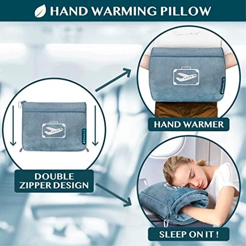 PAVILIA Travel Blanket Pillow in Soft Bag with Pockets, Airplane Blanket Set, Plane Blanket Compact Packable, Flight Essentials Car Pillow, Travelers Accessories Gifts, Luggage Strap, Dusty Light Blue - Image 6