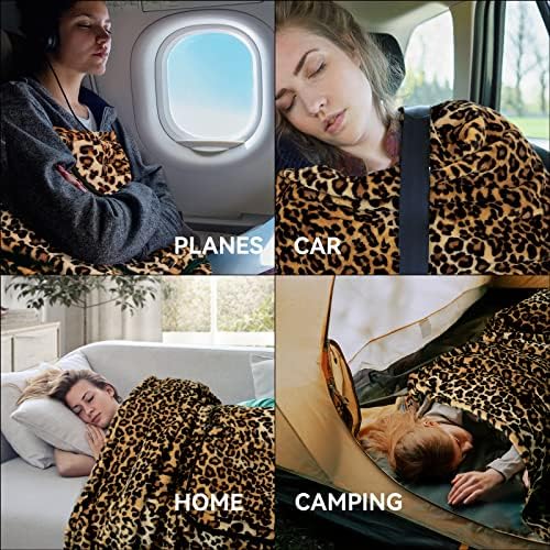 MACEVIA Travel Blanket Pillow Soft and Warm Blanket for Airplane Travel Essential Comfort Durability 2 in 1 Combo Throw Blanket for Train Car with Luggage Backpack Strap - Leopard Print - Image 6