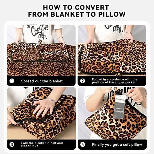MACEVIA Travel Blanket Pillow Soft and Warm Blanket for Airplane Travel Essential Comfort Durability 2 in 1 Combo Throw Blanket for Train Car with Luggage Backpack Strap - Leopard Print - Image 5