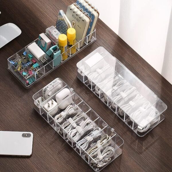 Plastic Cable Management Box, Cable Management Box,White Cable Management Box, with 10 Wire Ties, Clear Powe r Cord Organizer with 8 Compartment (2PACK) - Image 2