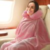 Travel Blanket and Pillow Set - Portable Inflatable Travel Neck Pillow and Premium Soft Airplane Blanket with Built-in Soft Bag, Neck Snaps, Zippered Pouch, and Hand Luggage Strap (Black & Pink) - Image 9